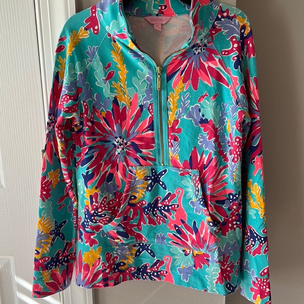 Lilly Pulitzer, Size XS, Aqua Blue with pinks, purples, and gold yellow, Popover